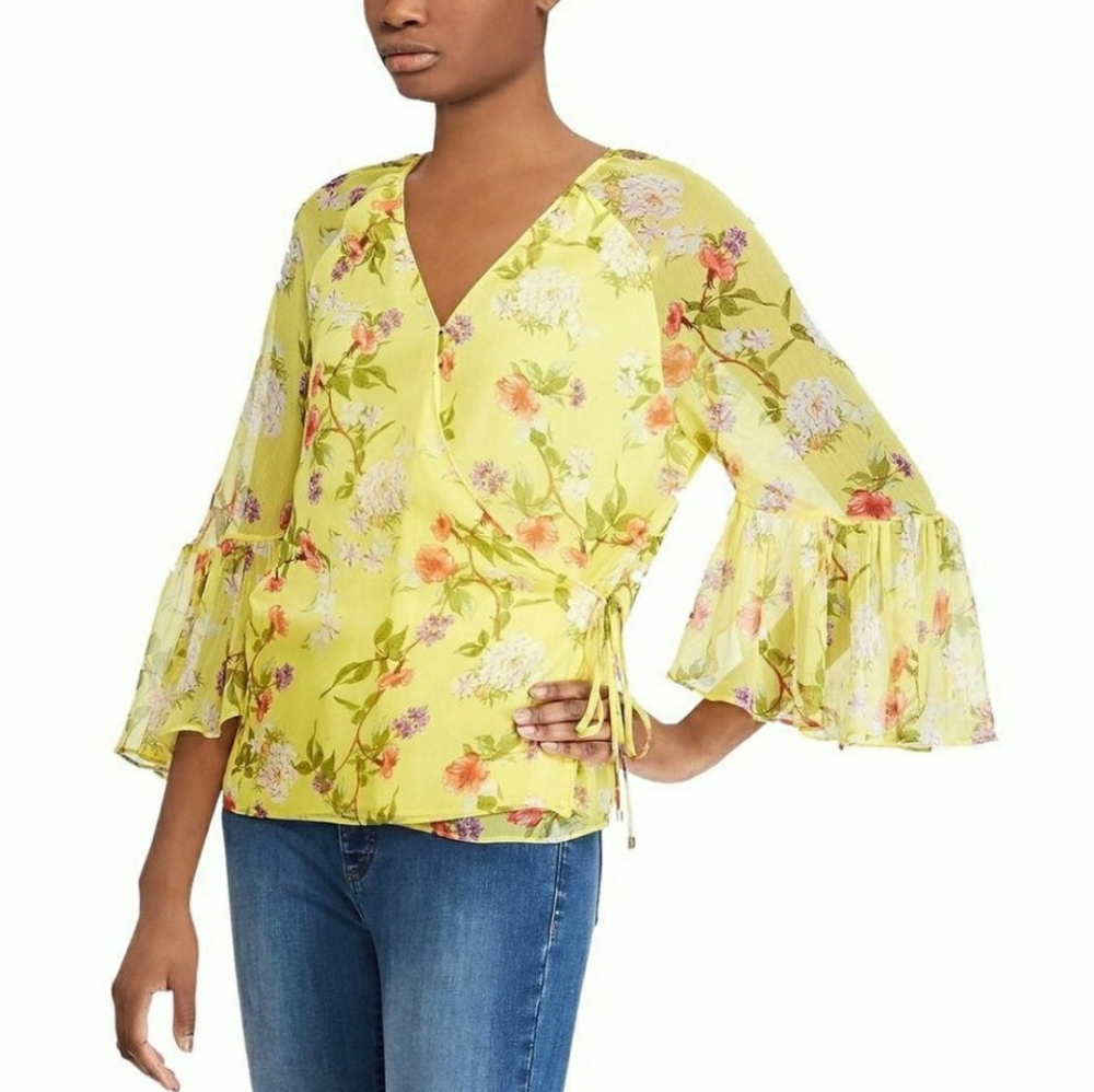 Lauren Ralph Lauren 💛 Bright Yellow floral print surplice style blouse
